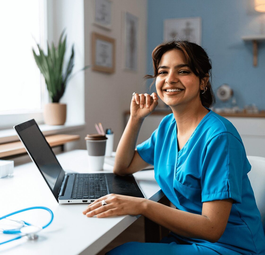 A woman in blue scrubs sits at a desk with an open laptop, smiling at the camera. A stethoscope, coffee cup, and potted plant are also on the desk.