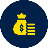 Yellow icon of a money bag with a dollar sign and stacked coins on a dark blue circular background.