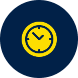 Yellow clock icon with black hands and markings, displayed on a dark blue circular background.