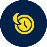 Yellow clock with a crescent moon in front of it, set against a dark blue circular background.